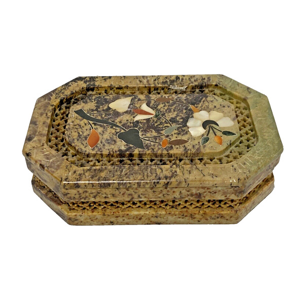 Trinket Jewelry Box & Lid Carve Stone Marble Mother of Pearl Inlay Flower Design - Picture 2 of 11